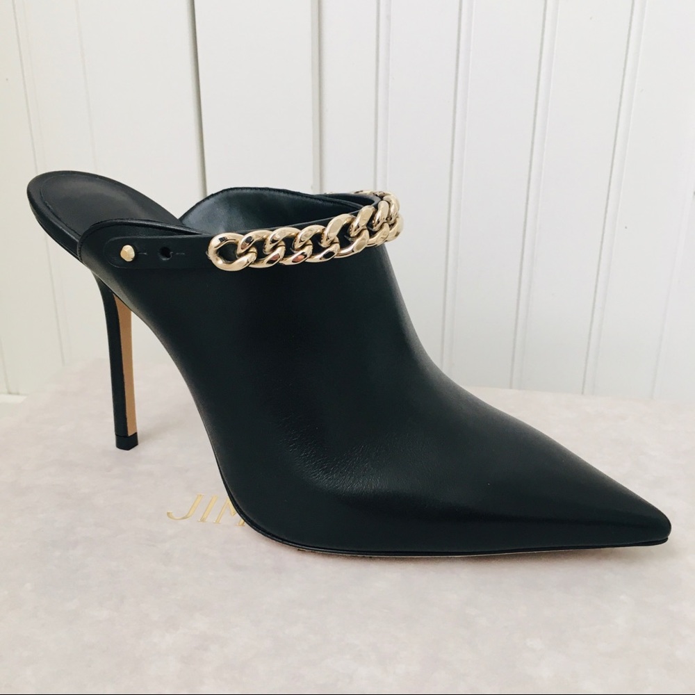 Jimmy Choo Black Leather Pointed-Toe Mule with Gold Chain
